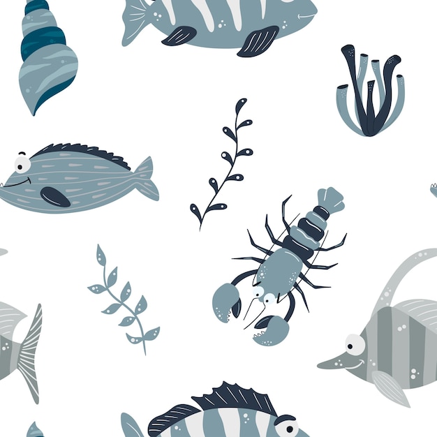 Naadloos kinderpatroon met grappige vissen en zeedieren Kindertextuur voor stof verpakking textiel behang kleding Vector background