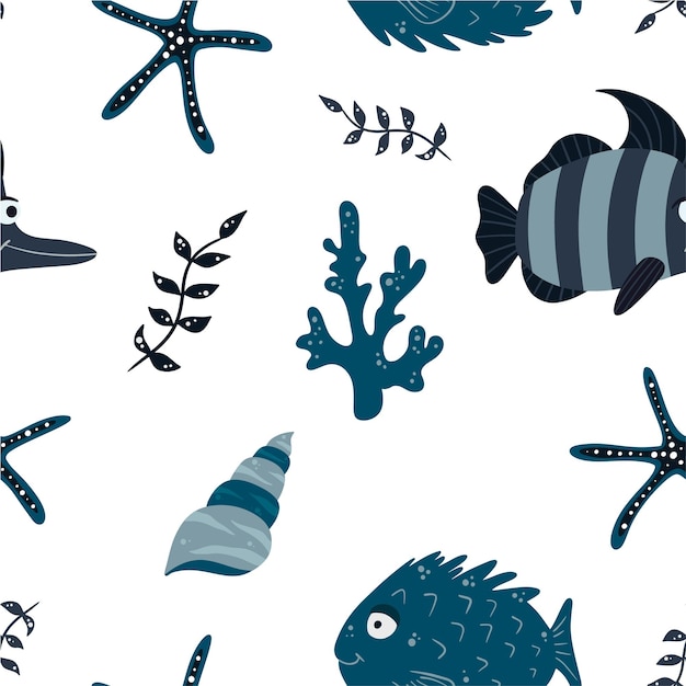 Naadloos kinderpatroon met grappige vissen en zeedieren kindertextuur voor stof verpakking textiel behang kleding vector background