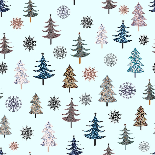 Naadloos nieuwjaarspatroon. Abstracte kerstbomen en sneeuwvlokken. Stof textuur