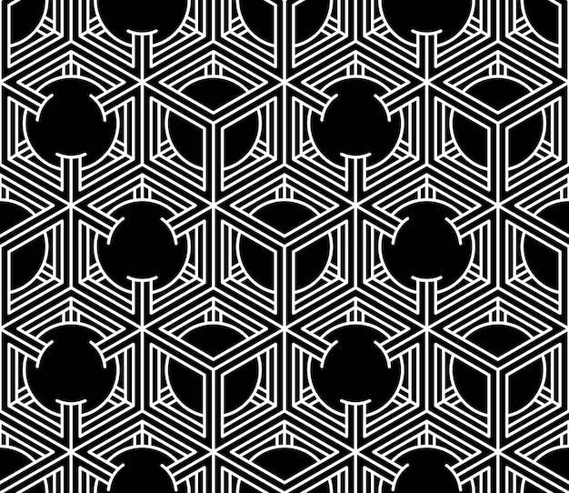 Naadloos optisch sierpatroon met driedimensionale geometrische figuren. Verstrengelen zwart-wit compositie.