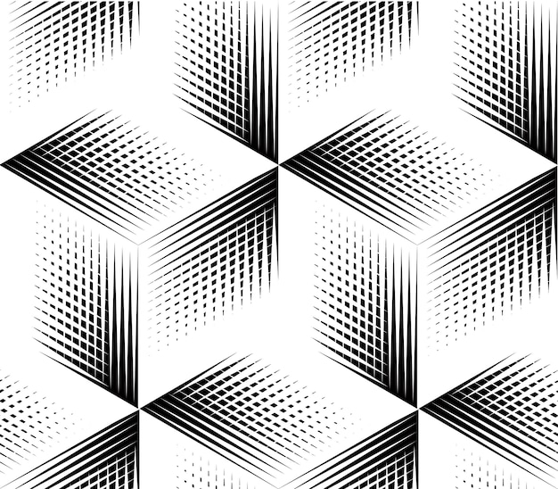 Naadloos optisch sierpatroon met driedimensionale geometrische figuren. Verstrengelen zwart-wit compositie.