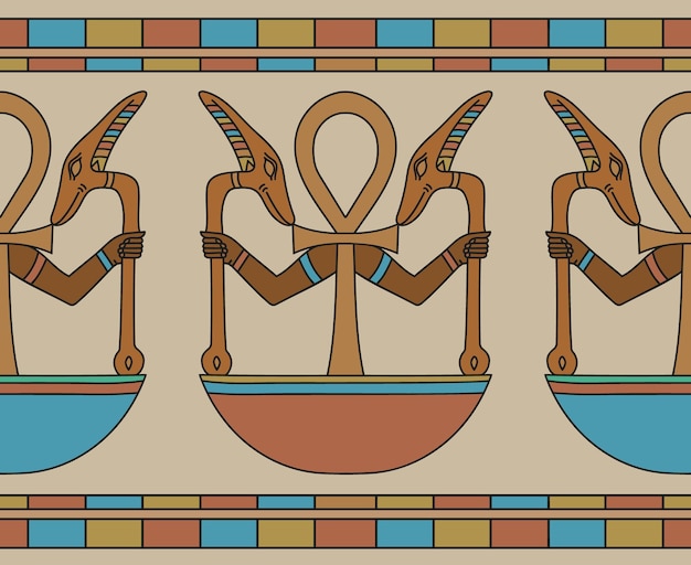 Vector naadloos oud egyptisch ornament met de ankh, een teken van het eeuwige leven en menselijke handen