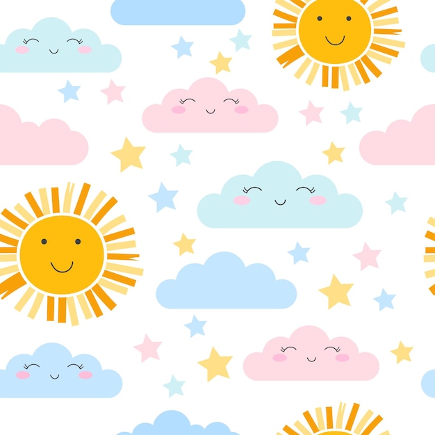 Naadloos patroon achtergrond met schattige zon en wolken Vector illustratie voor kinderen stof zomer achtergrond behang achtergrond