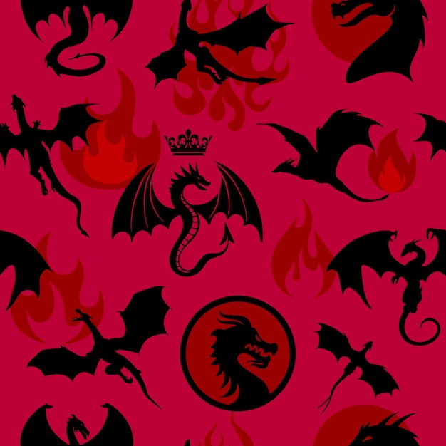 Naadloos patroon bestaande uit draken, wyverns en vuur voor pakket, wrappers, poster of behang
