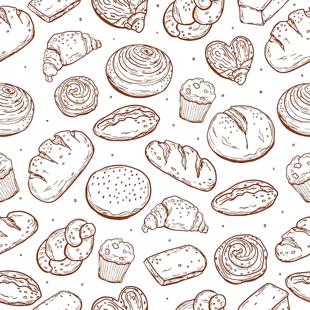 Naadloos patroon. Diverse baksels. Brood. Doodle stijl. Voor uw ontwerp.