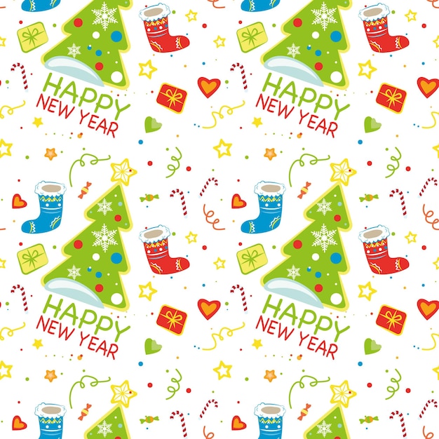 Naadloos patroon Gelukkig Nieuwjaar Design cartoon Kerstboom en sok Sterren presenteert