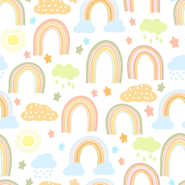Naadloos patroon getekend met schattige regenbogen, regenwolken en zon in pastelkleuren