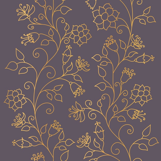 Naadloos patroon. gouden bloemen sieraad op een donkere achtergrond. modieuze texturen van gouden glans.