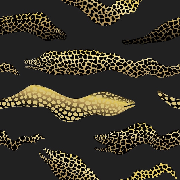 Vector naadloos patroon gouden lichaamstekening van zwemmende morenen conger aal textuur vlekken en punten
