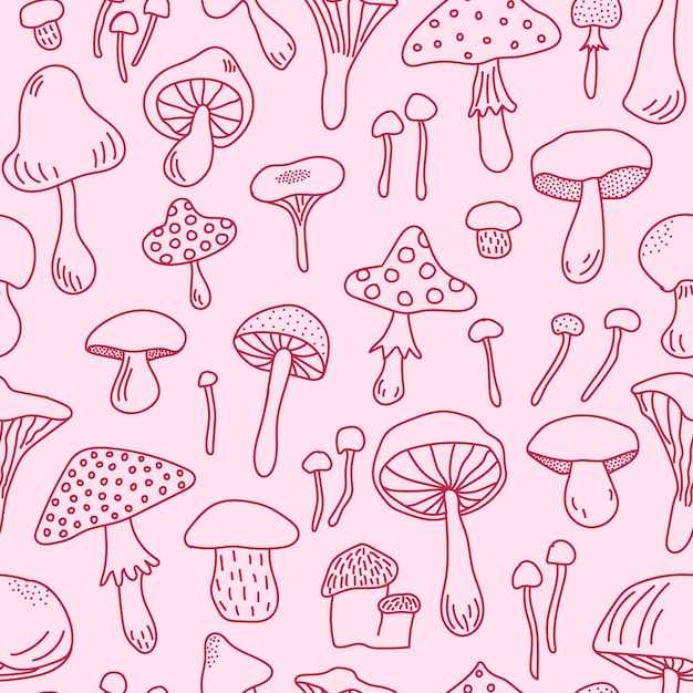 Naadloos patroon in Viva Magenta trendy kleur. Verschillende soorten handgetekende paddenstoelen.