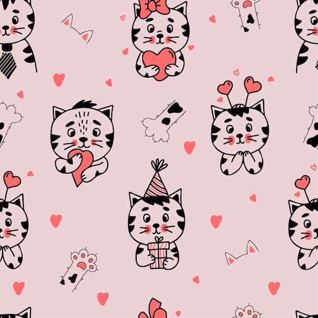 Naadloos patroon Leuke verschillende kattenpersonages met geschenken en hartjes op roze achtergrond