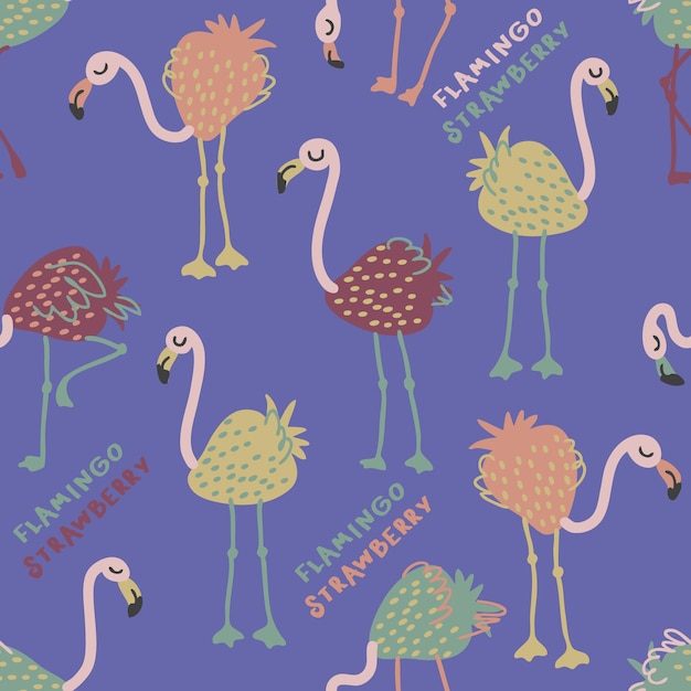 Naadloos patroon met aardbeiflamingo en inscriptie voor t-shirttextiel en print