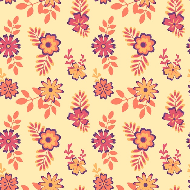 Naadloos patroon met abstracte bloemen laat takken in een warm oranje paars palet