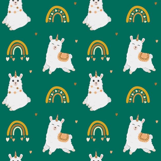 Naadloos patroon met alpaca lama harten en regenbogen cartoon ontwerp dier karakter platte vector stijl baby textuur voor stof verpakking textiel behang kleding