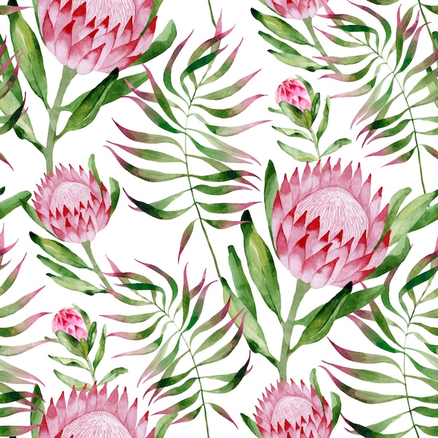 Naadloos patroon met aquarel handbeschilderde exotische bloemen van protea en bladeren