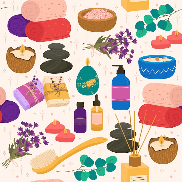 Naadloos patroon met artikelen voor spa-behandelingen Relax- en wellnesszone Decor textiel verpakkingspapier behangontwerp Druk voor stof Cartoon platte stijl geïsoleerde vectorconcept