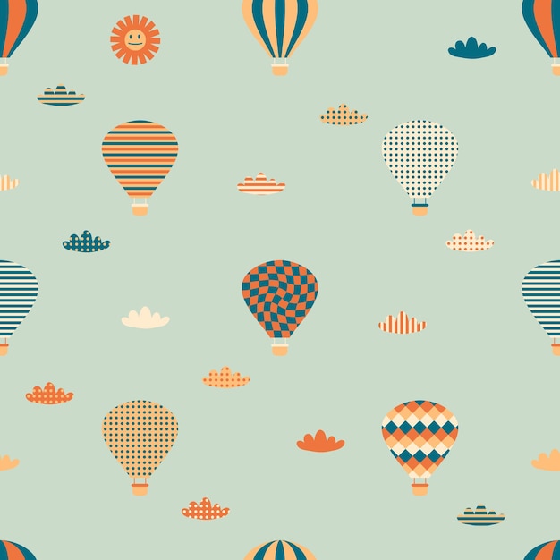 Naadloos patroon met ballonnen, wolken en zon in eenvoudige retrostijl perfecte print voor tee textielpapier en stof vectorillustratie voor ontwerp van proefbaan