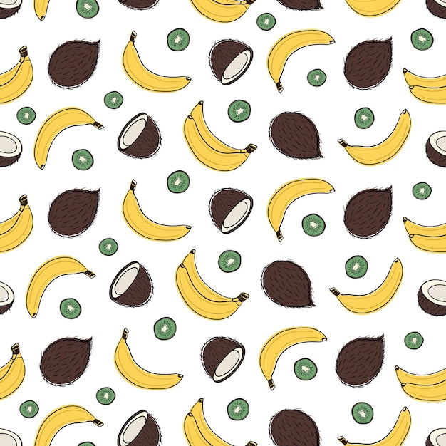 Naadloos patroon met bananen en kiwi op een witte achtergrond.