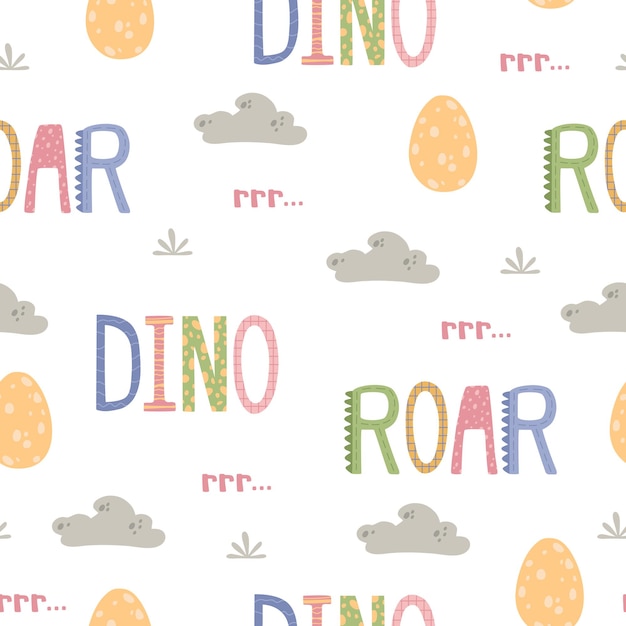 Naadloos patroon met belettering dino roar met schattige wolken planten dinosauruseieren cartoon plat