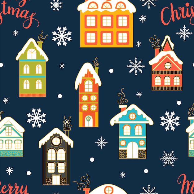 Naadloos patroon met besneeuwde huizen sneeuwvlokken en letters vrolijk kerstfeest in platte stijl vector illustratie winter achtergrond voor groetekaartjes print design stof en porselein