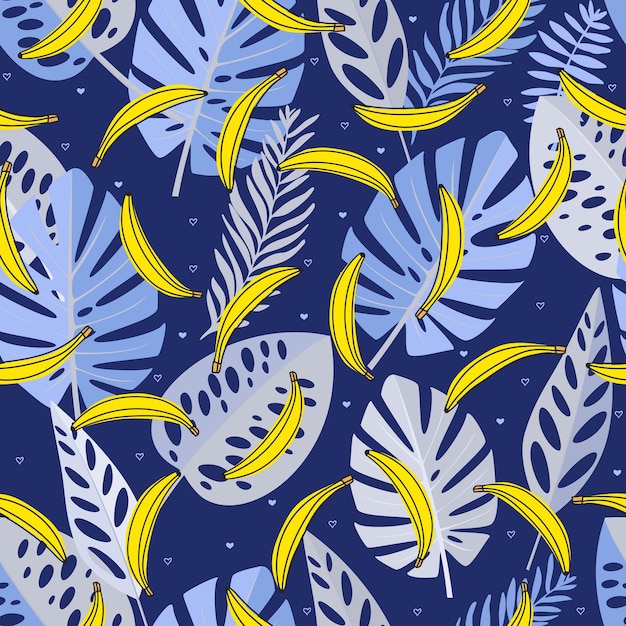 Naadloos patroon met blauwe bladeren en bananen