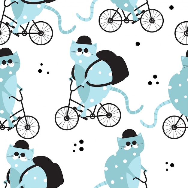 Naadloos patroon met blauwe katten op fietsen.