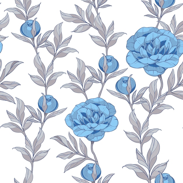 Naadloos patroon met blauwe pioenrozen bloemen met grijze bladeren, vectorillustratie