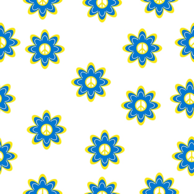 Naadloos patroon met blauwgele bloem en vredesteken