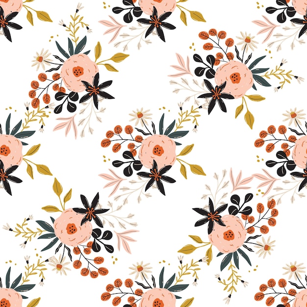 Naadloos patroon met bloemen. vectorpatroon. vlakke stijl. kleine bloemen, bladeren, kruiden.