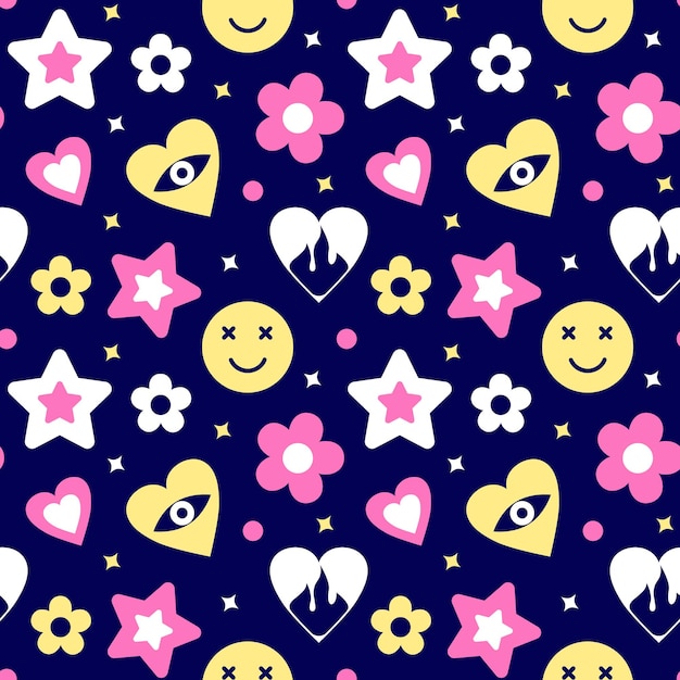 Naadloos patroon met brandende harten roze sterren ogen smileys en bloemen Vector illustratie Grappige achtergrond met vreemde schattige elementen