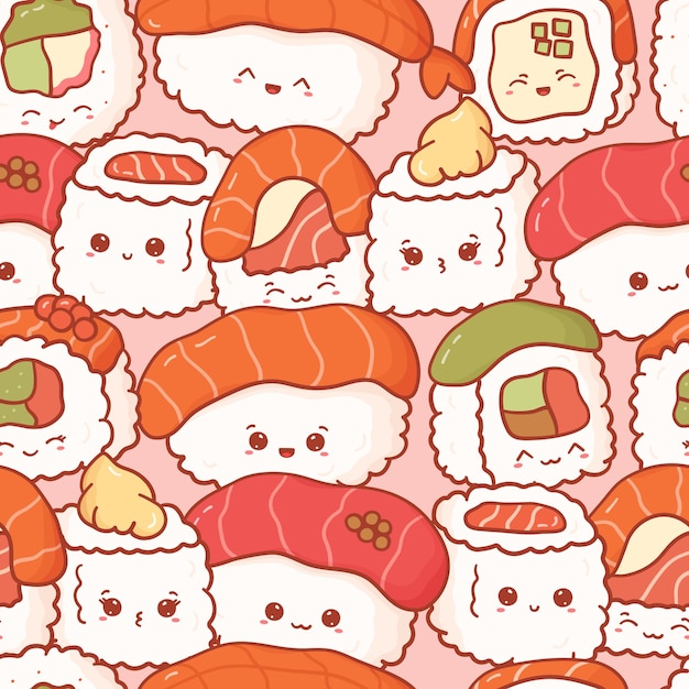 Naadloos patroon met cartoon kawaii sushi en broodjes Leuke anime print