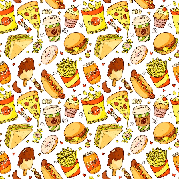 Naadloos patroon met cartoon pizza, hamburger, hotdog, koffie, frietjes, sandwich, donut, frisdrank, chips. Fast food en drink vectorillustratie