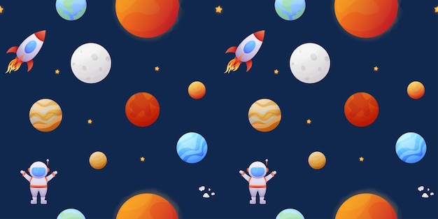 Naadloos patroon met cartoon ruimte raketten planeten en sterren astronaut vector illustratie