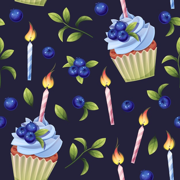 Naadloos patroon met cupcake versierd met roomblauwe bessen en een verjaardagskaars achtergrond met verjaardagsmuffin decoratie feestelijke textuur voor het inpakken van papieren kaarten stof behang