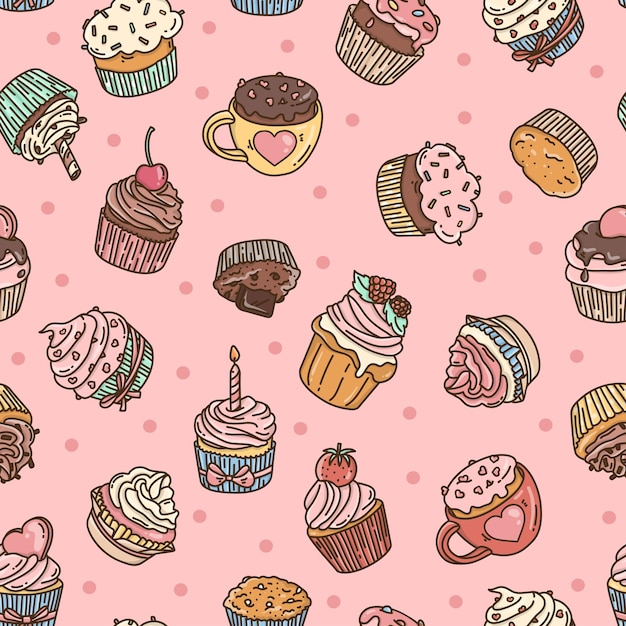 Naadloos patroon met cupcakes in de stijl van een doodle op een roze achtergrond