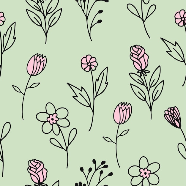 Naadloos patroon met de afbeelding van lentebloemen gemarkeerd op een groene achtergrond