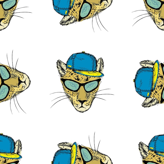Naadloos patroon met de hand getekend modeportret van cheetah Hipster met bril en pet vector
