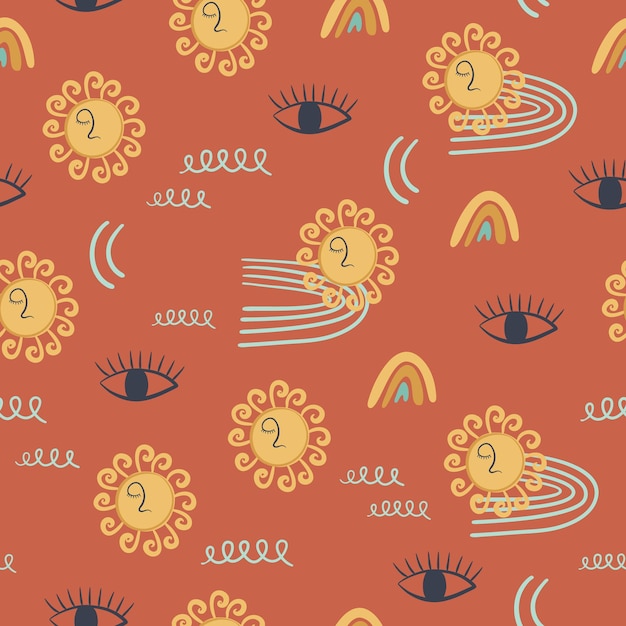Naadloos patroon met de Sun eye regenboog texturen Abstract y2k achtergrond Hand getekende vector