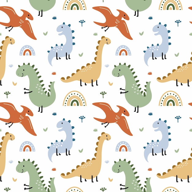 Naadloos patroon met dinosaurus en pterodactylus. Prehistorische dieren. Achtergrond voor het naaien van kinderkleding, bedrukking op stof en verpakkingspapier.