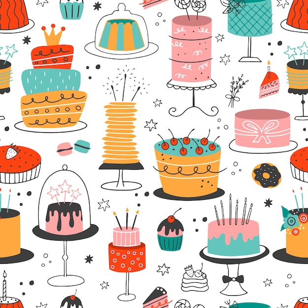 Naadloos patroon met doodle kleurrijke taarten