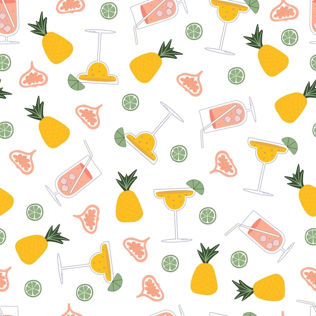 Naadloos patroon met dranken. Vlakke stijl vectorillustratie met fruit en cocktails