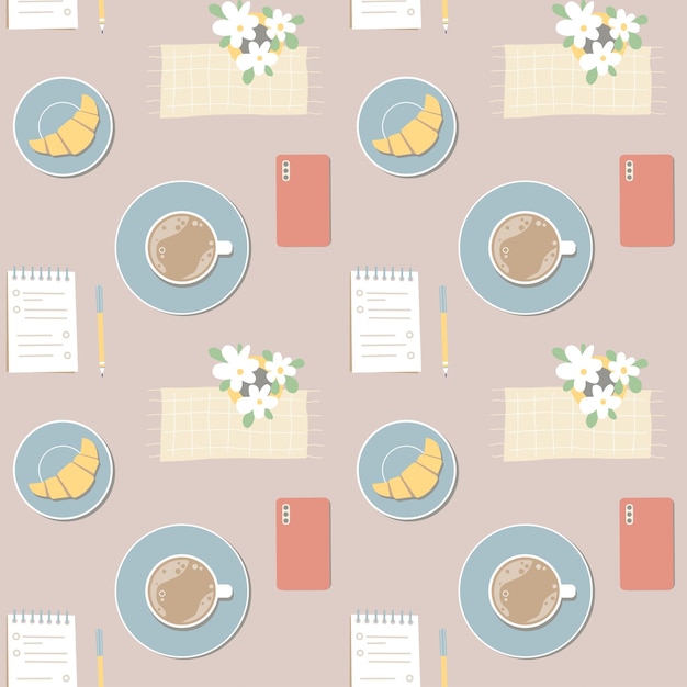 Naadloos patroon met een kopje koffie bloemen en de telefoons