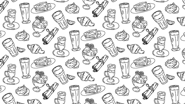Naadloos patroon met een patroon van snoep en koffie handgetekende. Wallpaper, background