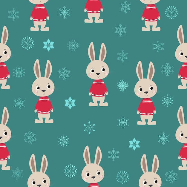 Naadloos patroon met een schattig konijn in rode kersttrui op een blauwe achtergrond met sneeuwvlokken