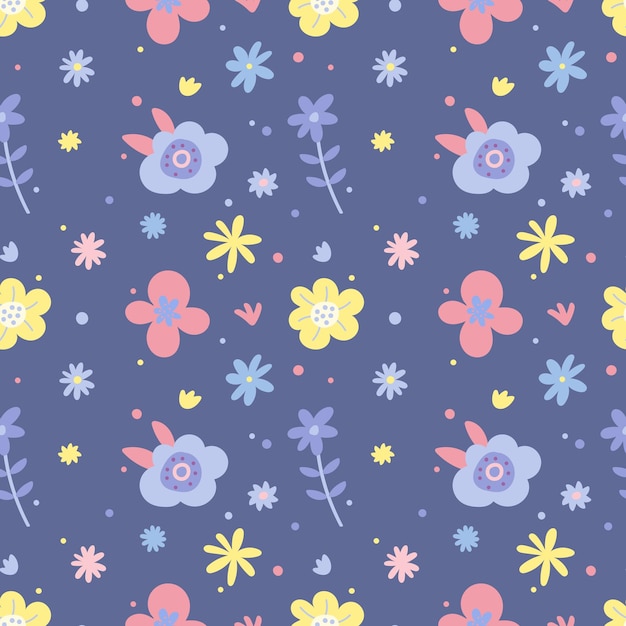 Naadloos patroon met eenvoudige madeliefjebloemen in pastelkleuren op een violette achtergrond Moderne bloemenprint voor textielbehang van textiel