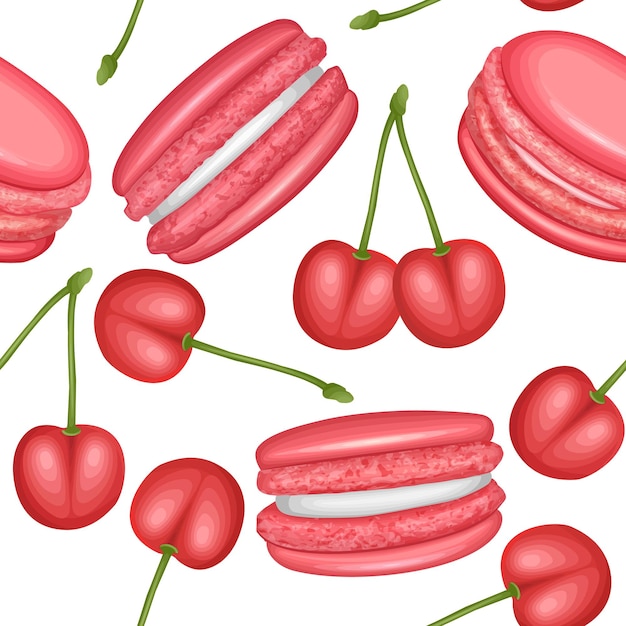 naadloos patroon met franse koekjes bitterkoekjes en kersen op witte achtergrond