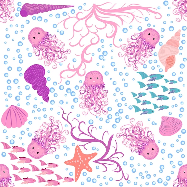 Naadloos patroon met gedetailleerde transparante kwallen Kinderachtig naadloos patroon met schattige handgetekende vissen en kwallen in doodle stijl Trendy kinderkamer achtergrond