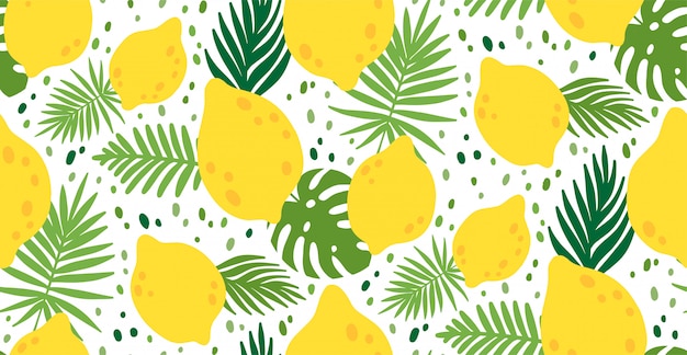 Naadloos patroon met geel citroenfruit en bladeren