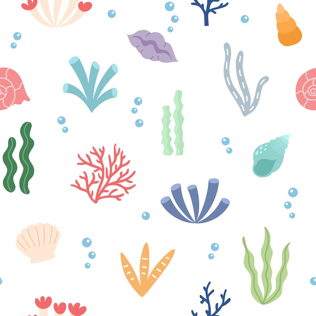 Naadloos patroon met gekleurde cartoon zeewierschelpen en koralen op een witte achtergrond
