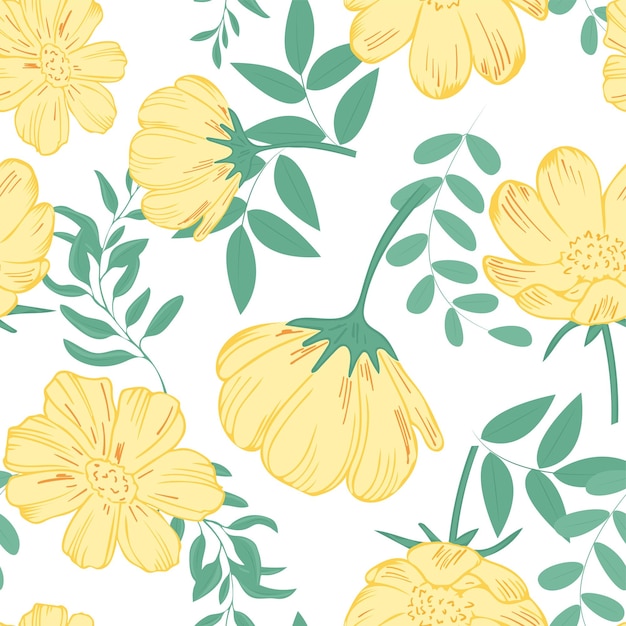 Naadloos patroon met gele bloemen en bladeren vectorillustratie